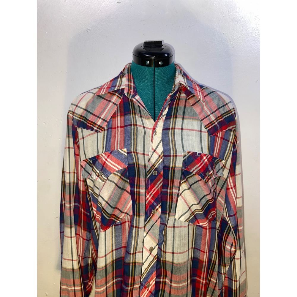 Williams Bay Mens Vintage 80s Plaid Western Pearl Snap Shirt Red White Blue M